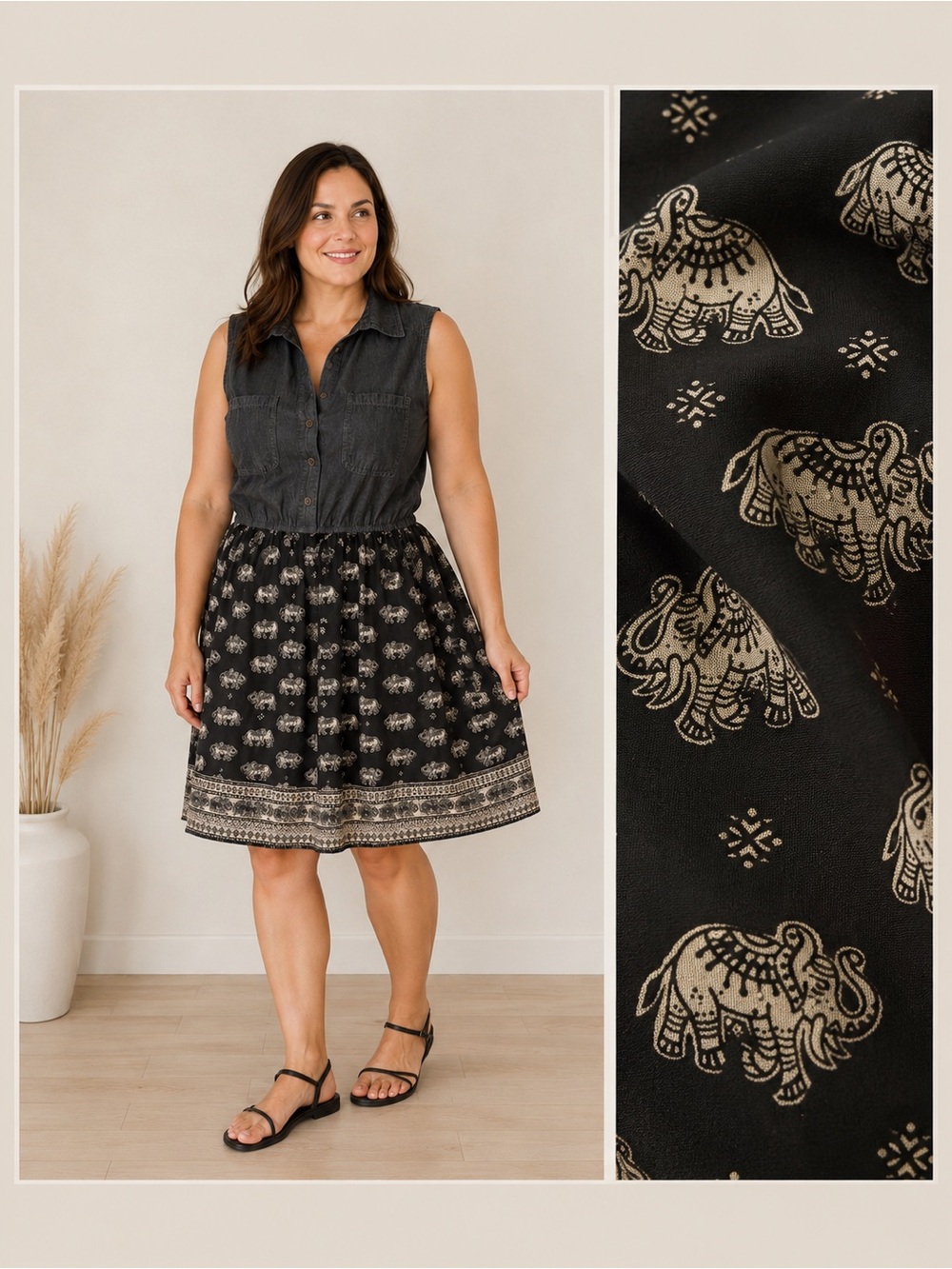 Boho Safari XL Elephant Print Chambray Sleeveless Dress NWT